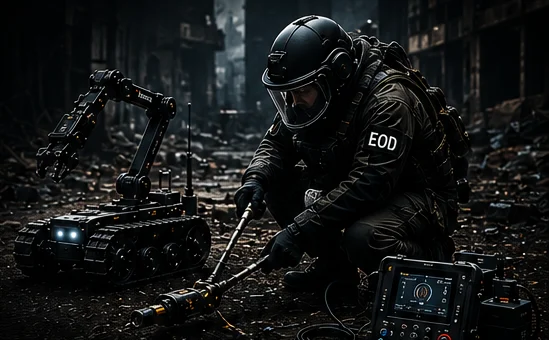 Técnico EOD con robot de inspección